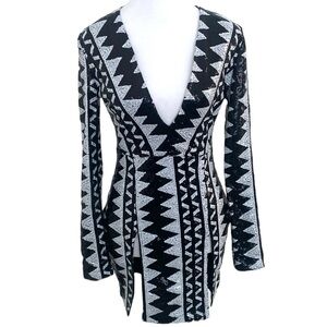 Sequin Aztec Black White Split Mini Dress